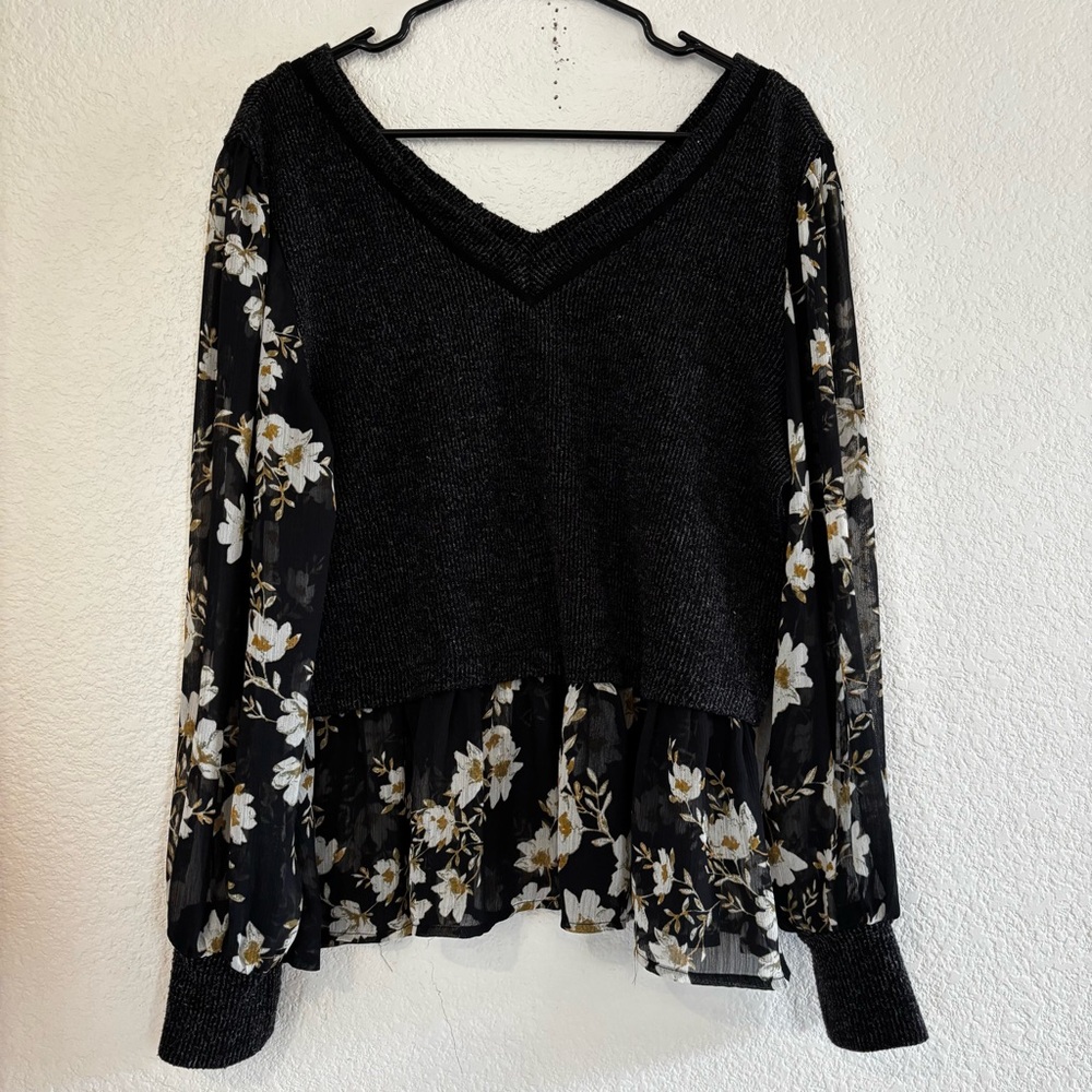 Maurices Black Floral Sheer Sleeve Blouse Size L